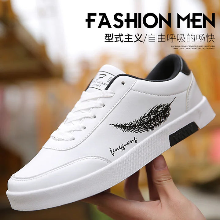 Designer Autumn Shoes White Mens Sneakers Feather Print Men Leather Shoe