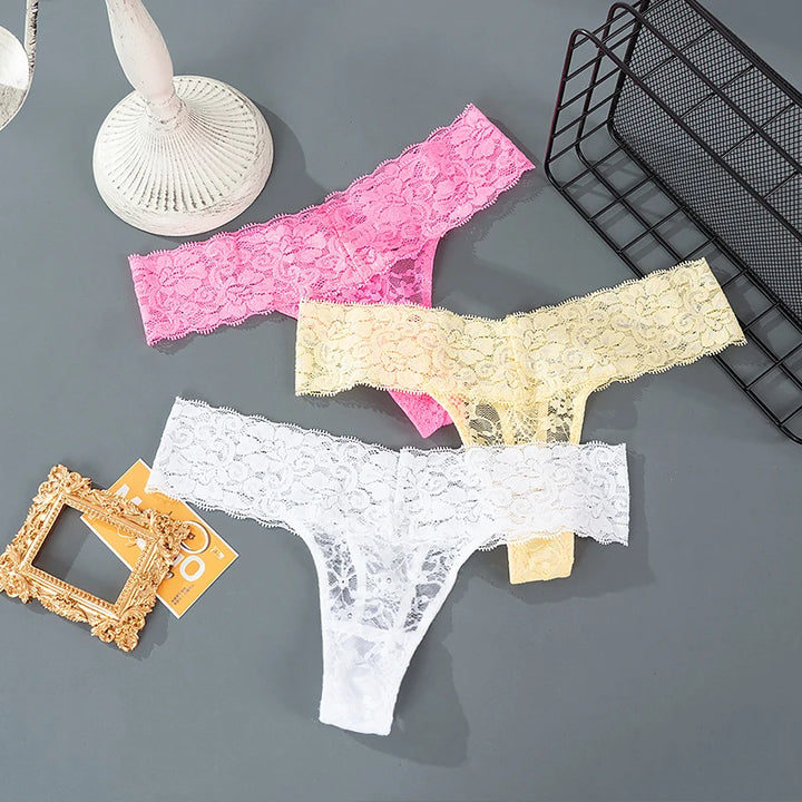 3PCS Lace Floral Women Panties Low Waist Breathable Briefs Female