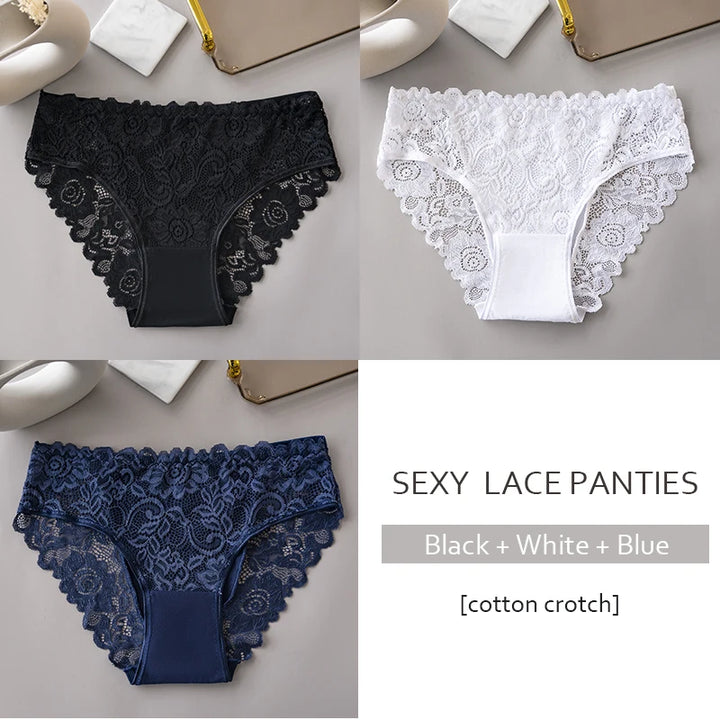 3PCS/Set Luxury Floral Embroidery Lace Panties Women Briefs Sexy Hollow Lingerie Female