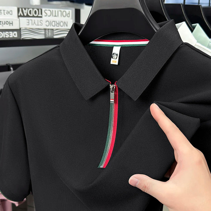 Men's Waffle Knit Polo Shirt with Zipper and Striped Trim - 6 Colors