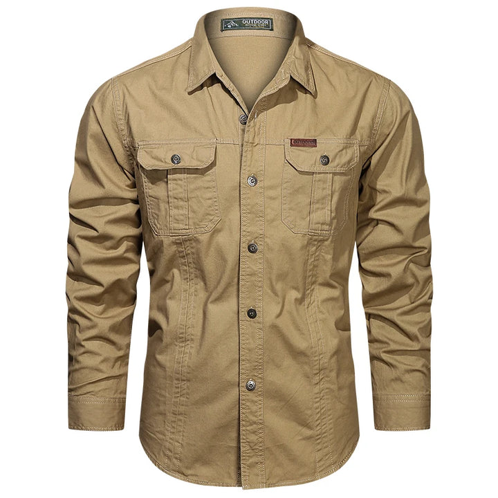 2024 Spring Cotton Cargo Shirt for Men Long Sleeve Multi-Pocket Shirts Outdoor