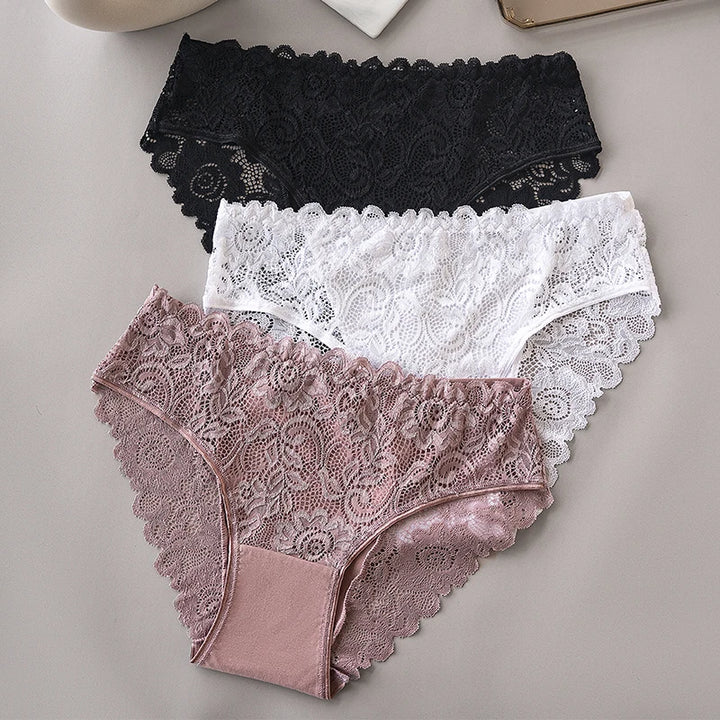 3PCS/Set Luxury Floral Embroidery Lace Panties Women Briefs Sexy Hollow Lingerie Female