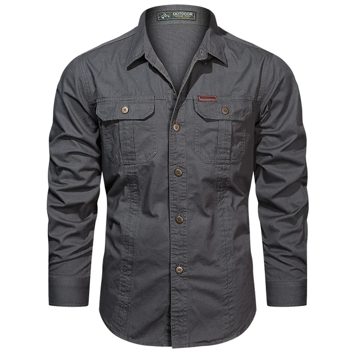 2024 Spring Cotton Cargo Shirt for Men Long Sleeve Multi-Pocket Shirts Outdoor