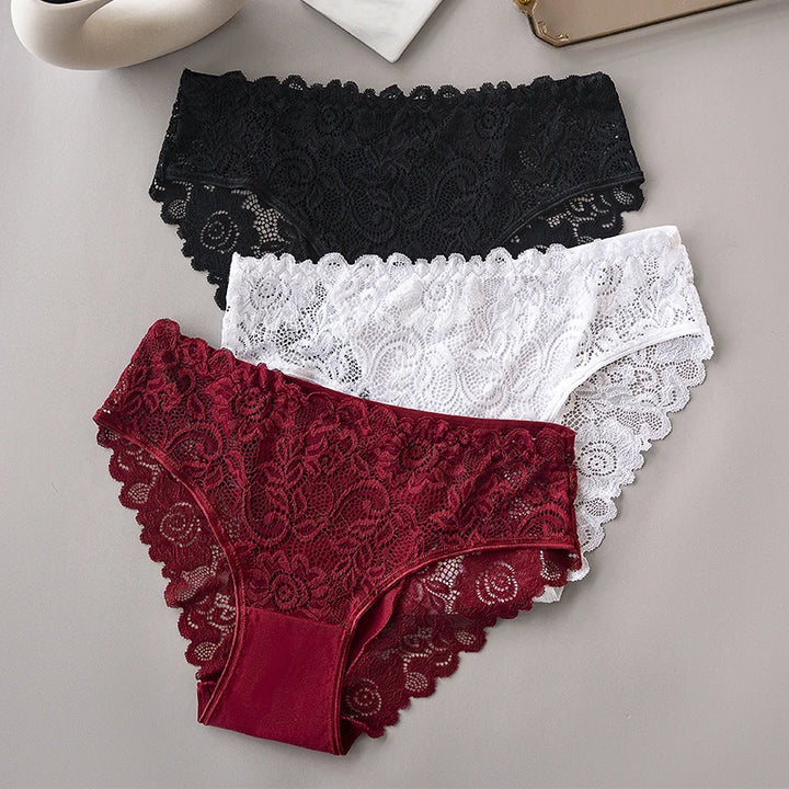 3PCS/Set Luxury Floral Embroidery Lace Panties Women Briefs Sexy Hollow Lingerie Female