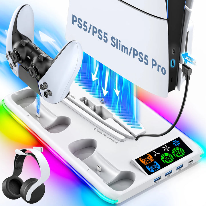 for PS5/PS5 Slim/PS5 Pro Stand with Headphone Hook Cooling Stand & Controller