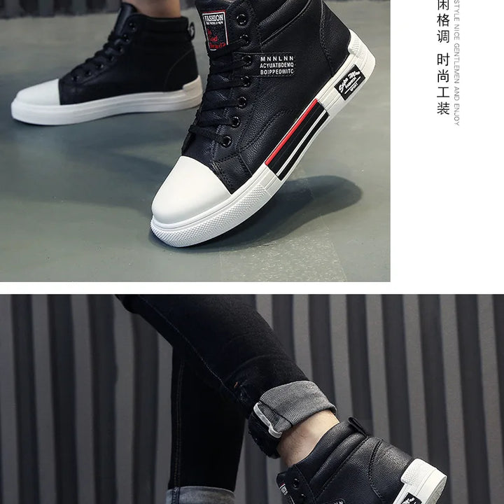 Plush White Shoes For Men Winter High Top Leather Sneakers Male Waterproof