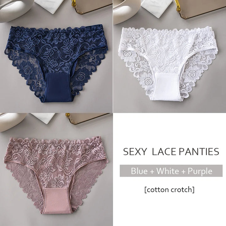 3PCS/Set Luxury Floral Embroidery Lace Panties Women Briefs Sexy Hollow Lingerie Female