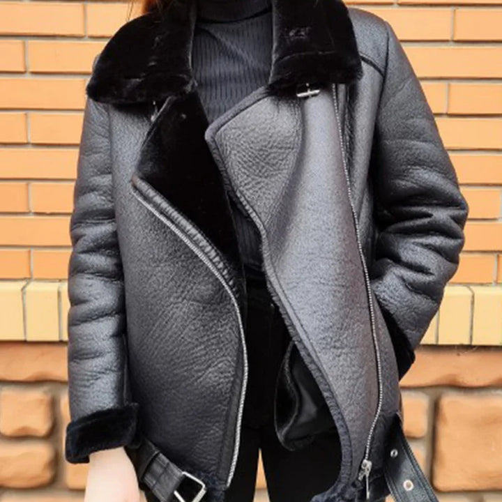 Ailegogo Winter Coats Women Thickness Faux Leather Fur Sheepskin Female