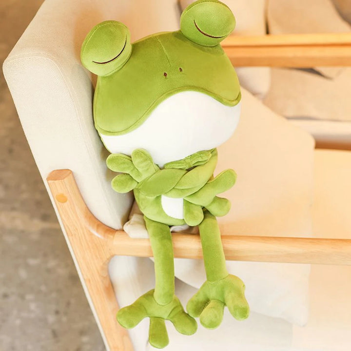 Cute Sleeping Frog Plush Toy Throw Pillow Playful Green Bow Squinting