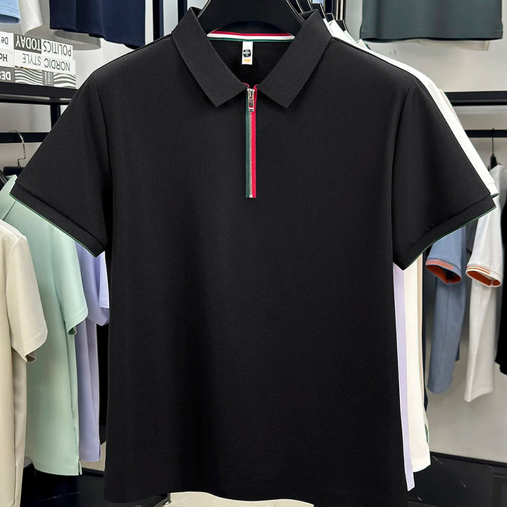 Men's Waffle Knit Polo Shirt with Zipper and Striped Trim - 6 Colors