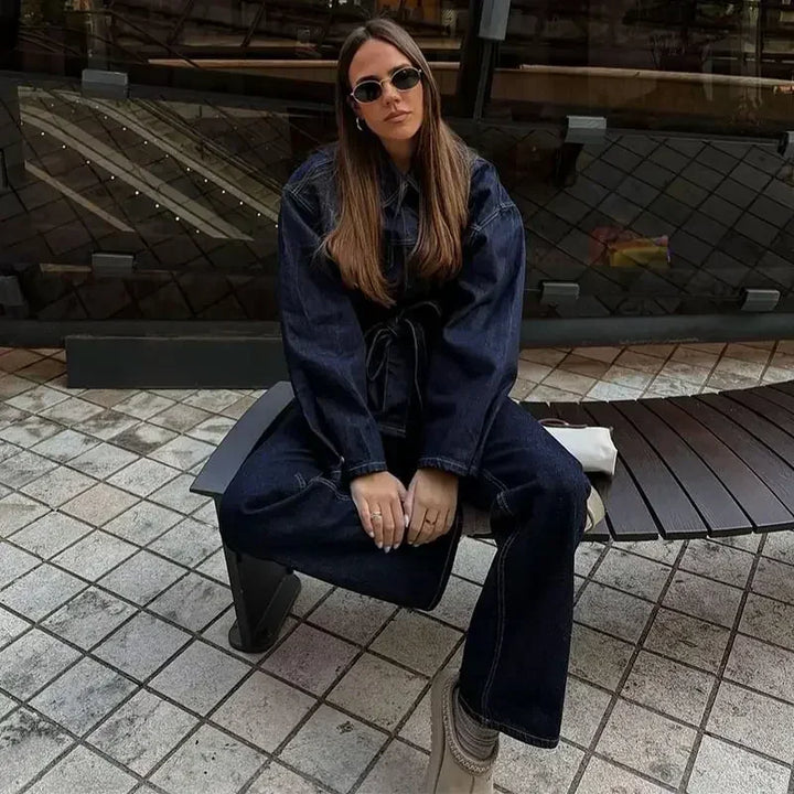 Fashion Women Blue Pocket Office Pants Suit Long Sleeve Lace Up Jacket Wide Leg Pants Sets 2025 Spring Casual Commuting Outfits