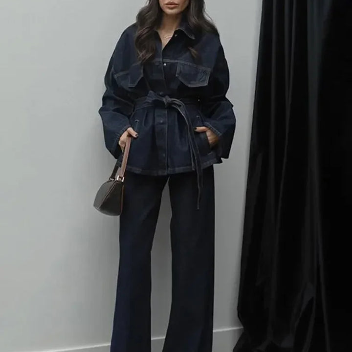 Fashion Women Blue Pocket Office Pants Suit Long Sleeve Lace Up Jacket Wide Leg Pants Sets 2025 Spring Casual Commuting Outfits