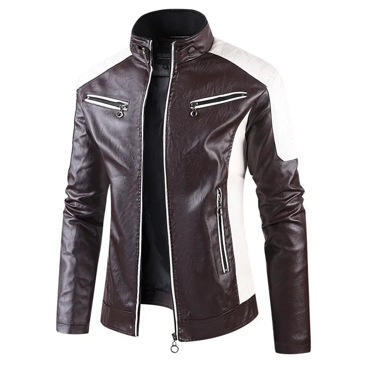 Men Slim Stand Collar Moto Leather Jackets Fit PU Leather Coats High