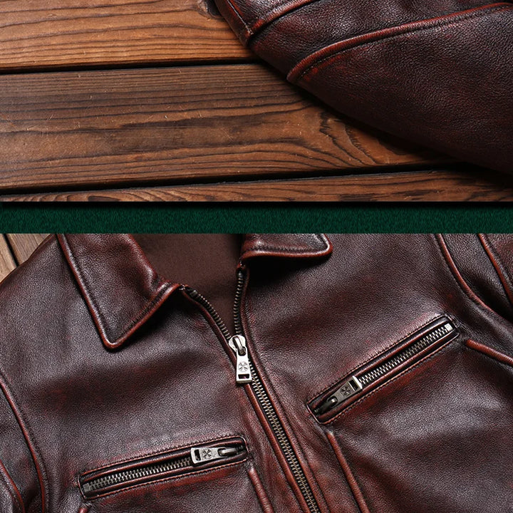 Men's Leather Jacket Spring and Autumn Brown Motorcycle Leather Jacket Retro Style