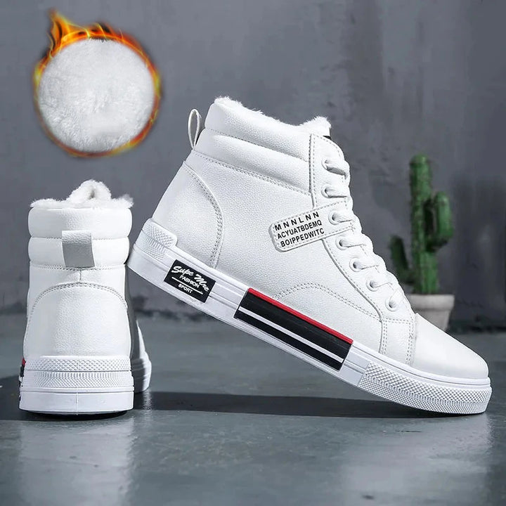 Plush White Shoes For Men Winter High Top Leather Sneakers Male Waterproof