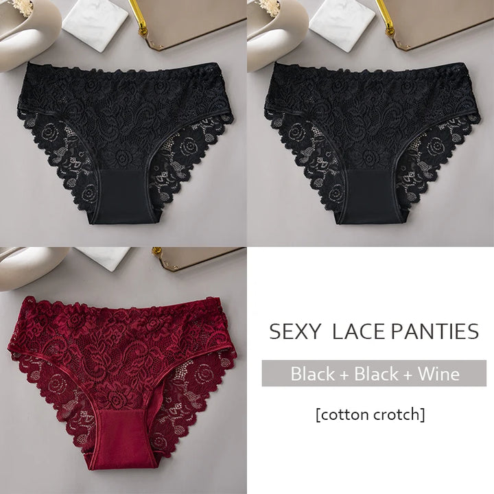 3PCS/Set Luxury Floral Embroidery Lace Panties Women Briefs Sexy Hollow Lingerie Female