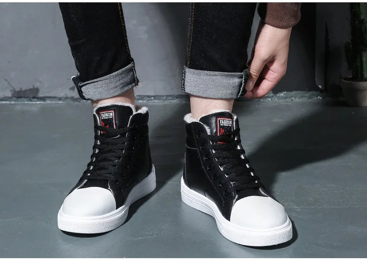 Plush White Shoes For Men Winter High Top Leather Sneakers Male Waterproof