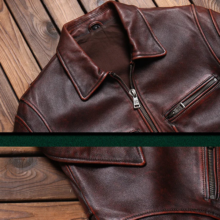 Men's Leather Jacket Spring and Autumn Brown Motorcycle Leather Jacket Retro Style