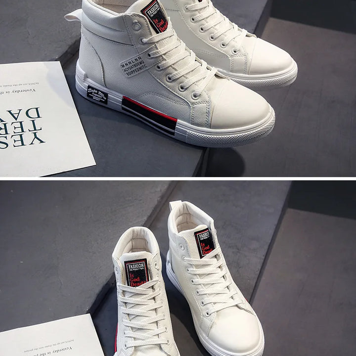 Plush White Shoes For Men Winter High Top Leather Sneakers Male Waterproof