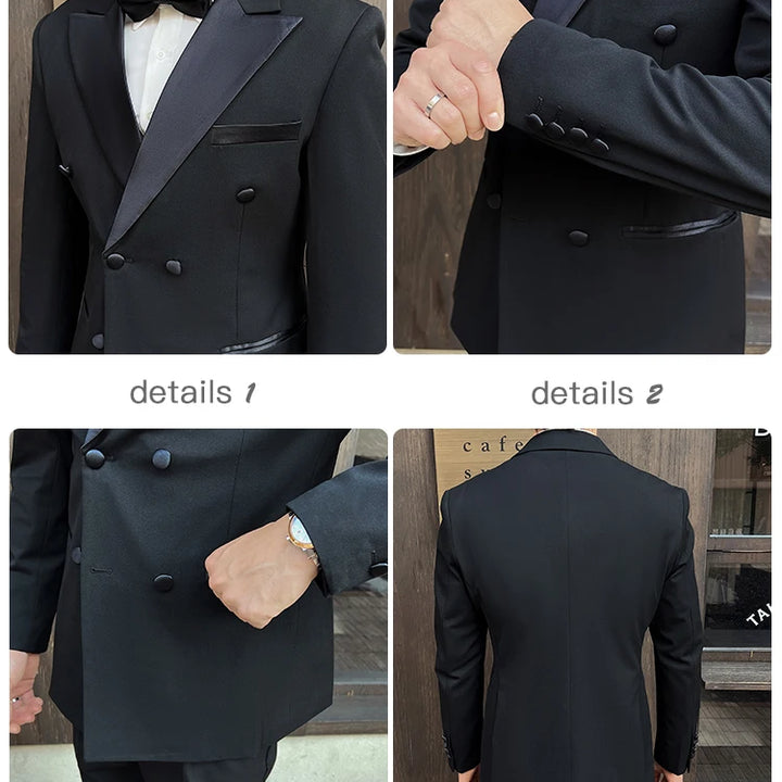 Man Elegant Black Double-Breasted Suit with Vest: Perfect for Formal Events