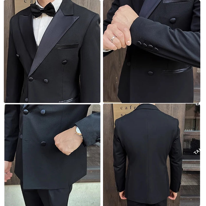 Man Elegant Black Double-Breasted Suit with Vest: Perfect for Formal Events