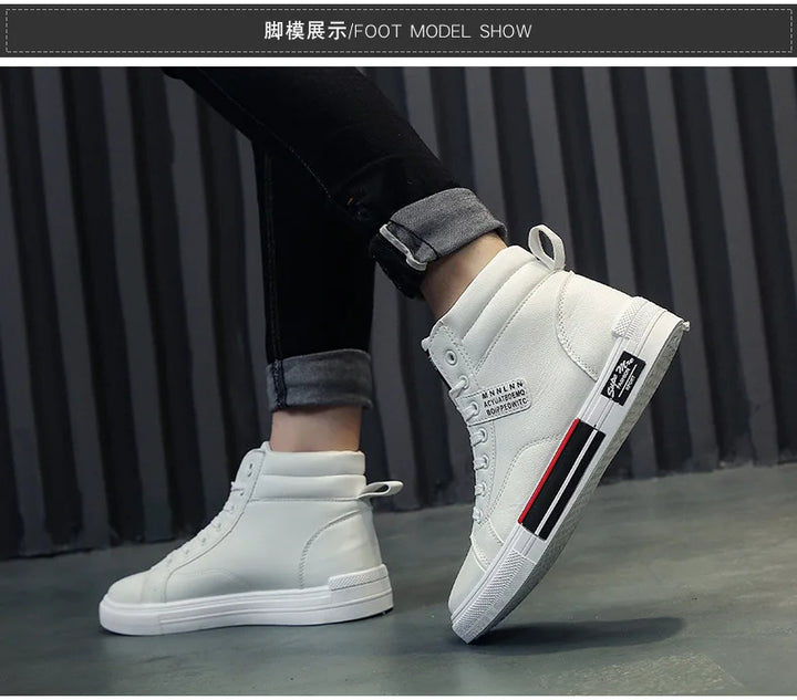 Plush White Shoes For Men Winter High Top Leather Sneakers Male Waterproof