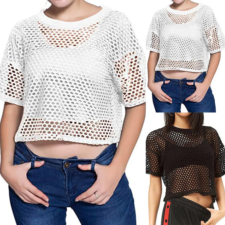 Fashion Lady Fishnet Transparent Crop Tops T-shirt For Women