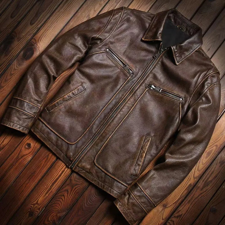 Men's Leather Jacket Spring and Autumn Brown Motorcycle Leather Jacket Retro Style