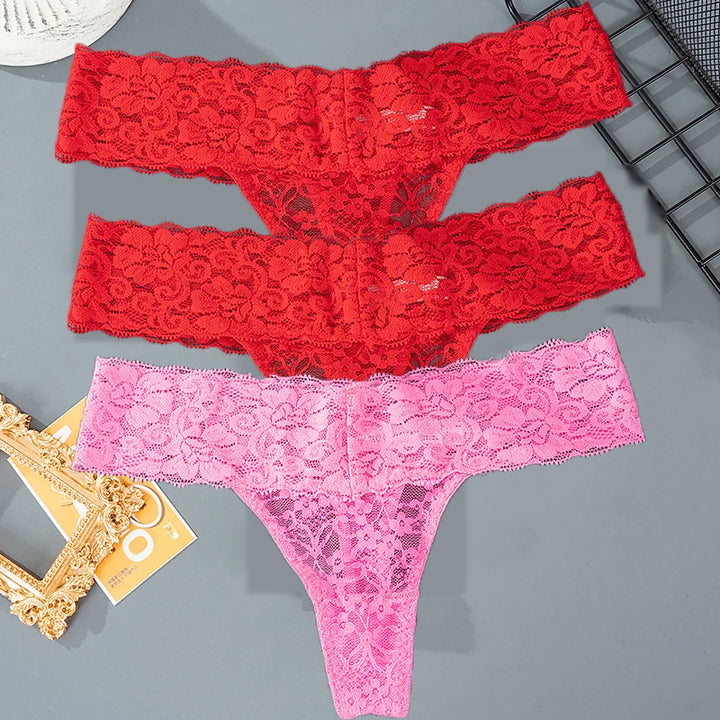 3PCS Lace Floral Women Panties Low Waist Breathable Briefs Female