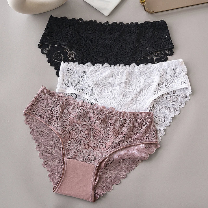 3PCS/Set Luxury Floral Embroidery Lace Panties Women Briefs Sexy Hollow Lingerie Female