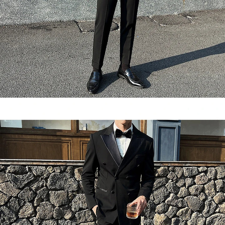 Man Elegant Black Double-Breasted Suit with Vest: Perfect for Formal Events