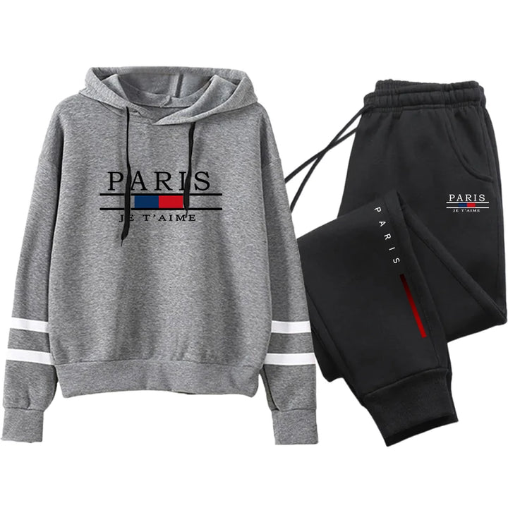 Hot Sale Women's Paris Printed Tracksuit Hooded Sweatshirts and Black