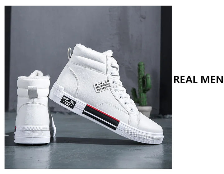 Plush White Shoes For Men Winter High Top Leather Sneakers Male Waterproof