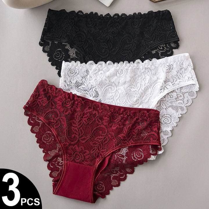 3PCS/Set Luxury Floral Embroidery Lace Panties Women Briefs Sexy Hollow Lingerie Female