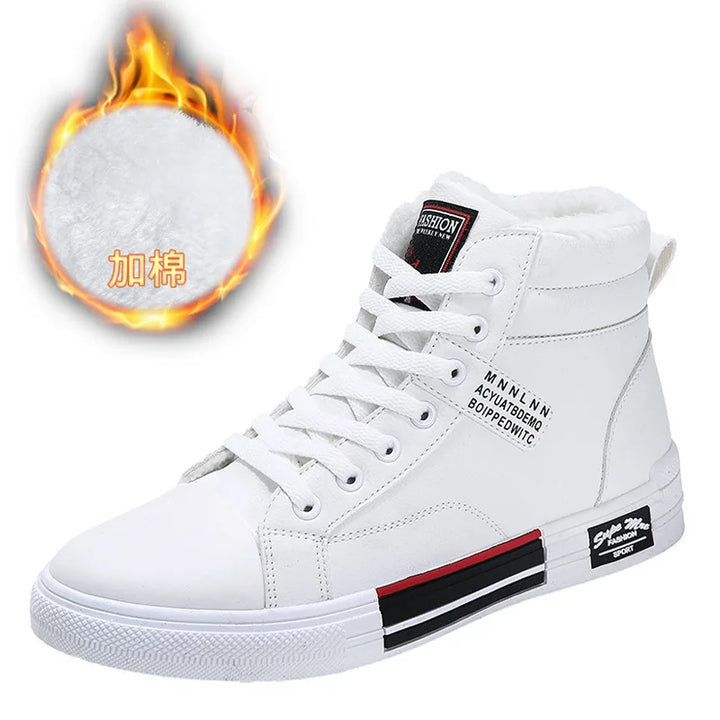 Plush White Shoes For Men Winter High Top Leather Sneakers Male Waterproof