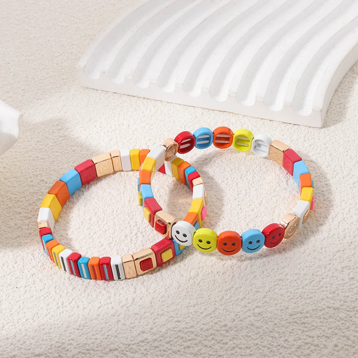 2025 Spring Rainbow Beaded Enamel Bangle For Women Colorful Beads Elastic Bracelets