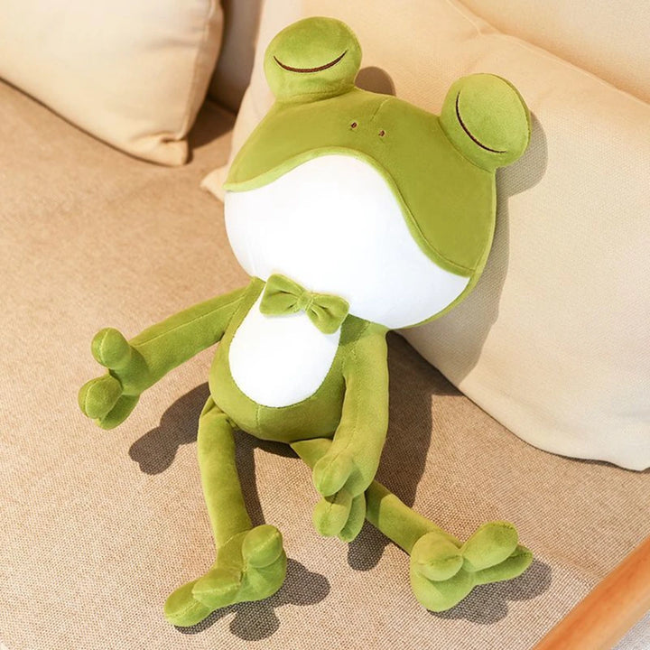 Cute Sleeping Frog Plush Toy Throw Pillow Playful Green Bow Squinting