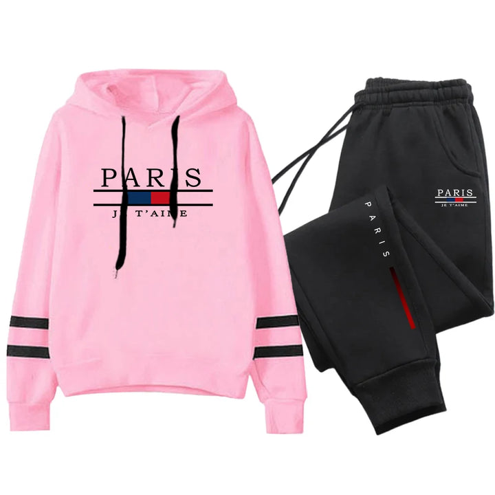 Hot Sale Women's Paris Printed Tracksuit Hooded Sweatshirts and Black