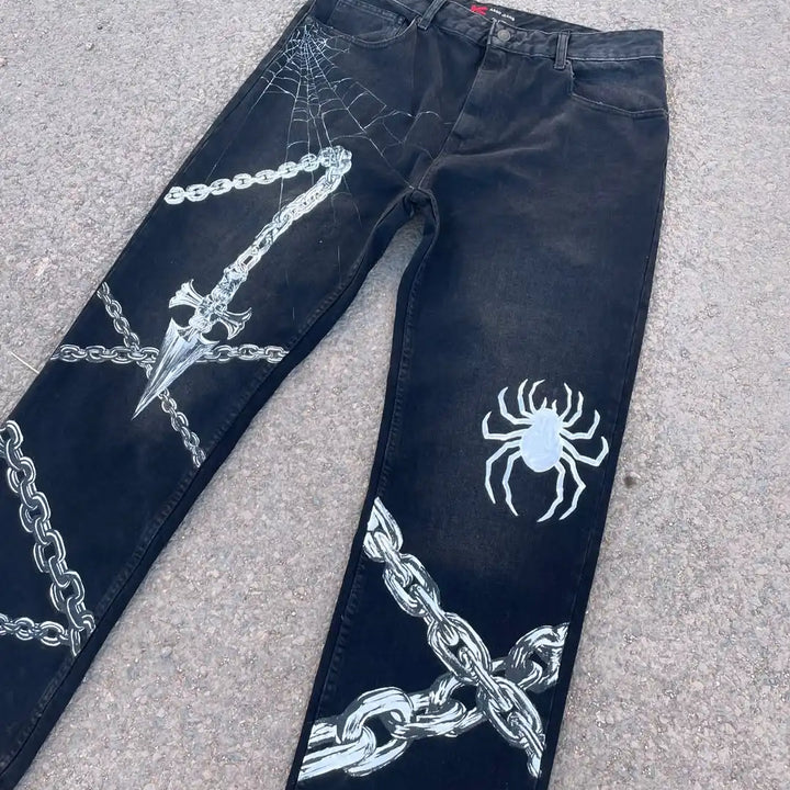 New American Y2K Goth Spider Chain Print Black Jeans Men's Loose Casual Wide