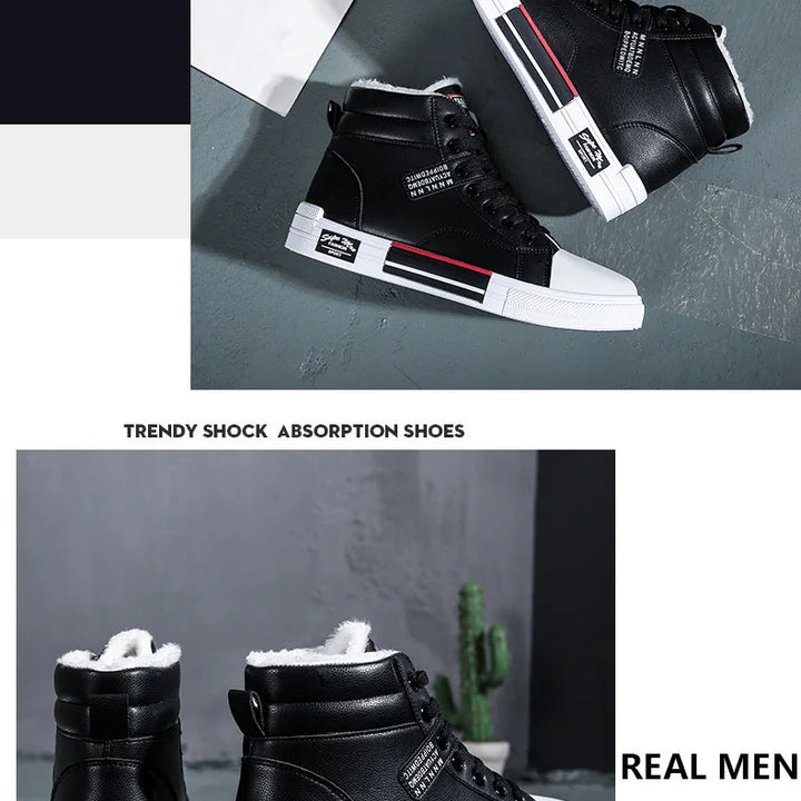 Plush White Shoes For Men Winter High Top Leather Sneakers Male Waterproof