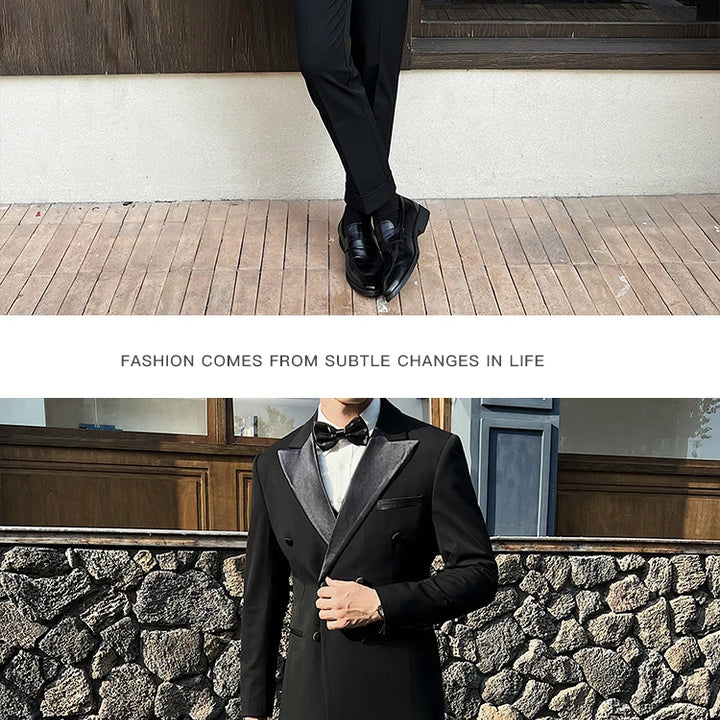 Man Elegant Black Double-Breasted Suit with Vest: Perfect for Formal Events