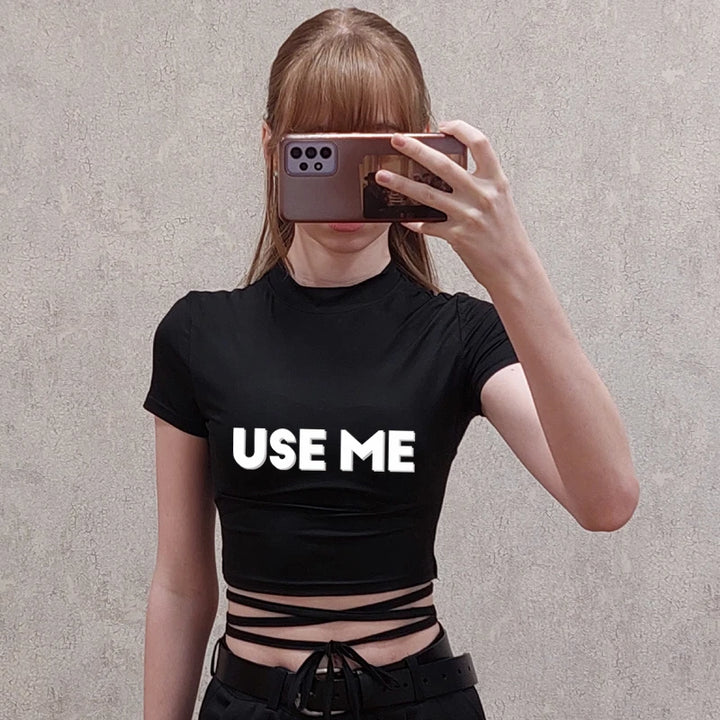 USE ME Sexy TShirt Women Black Short Crop Bandage Tee Tops Summer Fashion Girls