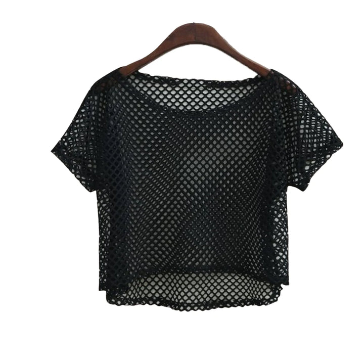 Fashion Lady Fishnet Transparent Crop Tops T-shirt For Women