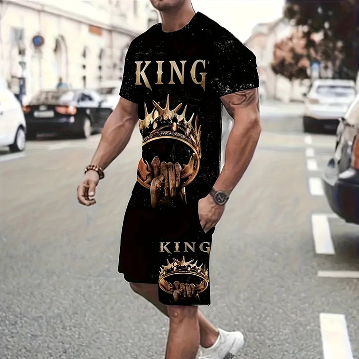 King Crown Graphic Print T-Shirt Shorts 2-Piece Set 2025 Summer Men's Short Sleeve