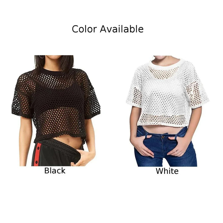 Fashion Lady Fishnet Transparent Crop Tops T-shirt For Women