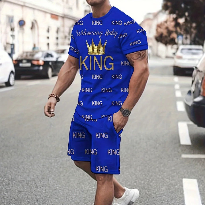 King Crown Graphic Print T-Shirt Shorts 2-Piece Set 2025 Summer Men's Short Sleeve