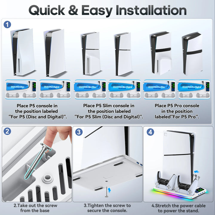 for PS5/PS5 Slim/PS5 Pro Stand with Headphone Hook Cooling Stand & Controller