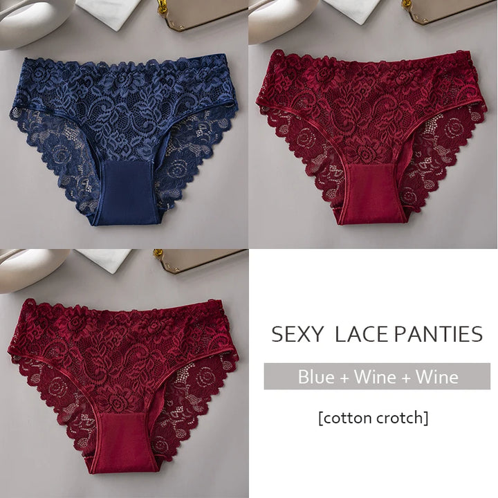 3PCS/Set Luxury Floral Embroidery Lace Panties Women Briefs Sexy Hollow Lingerie Female