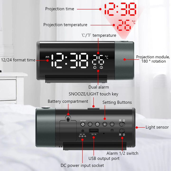 Digital Projection Alarm Clock With Temperature 180°Rotation USB Electronic