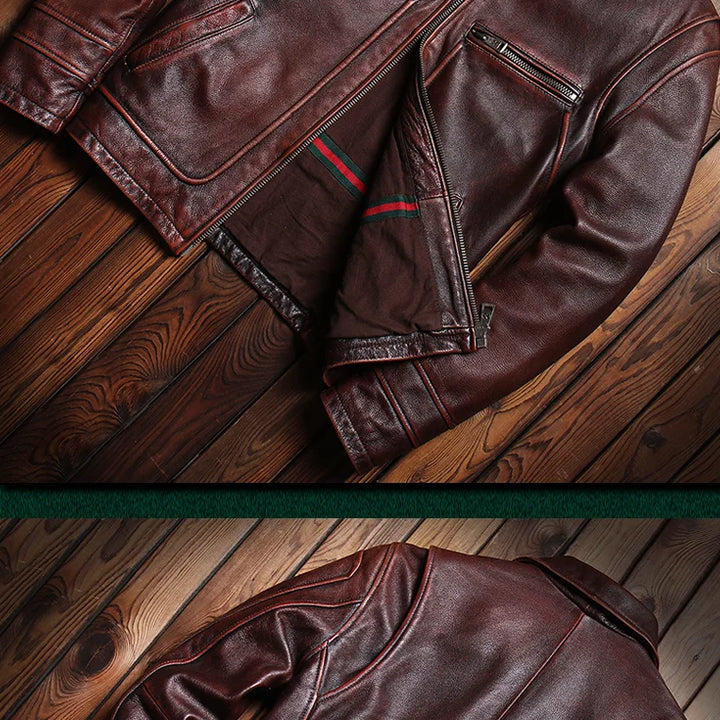 Men's Leather Jacket Spring and Autumn Brown Motorcycle Leather Jacket Retro Style